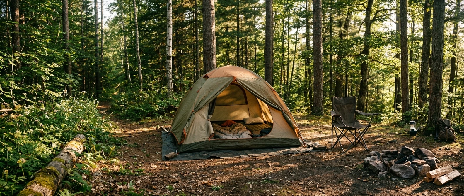 A tent pitched in a sunlit forest clearing with a ground cloth peeking from underneath, a sleeping bag and camping pillow visible through the open flap, and a folding chair set up nearby.