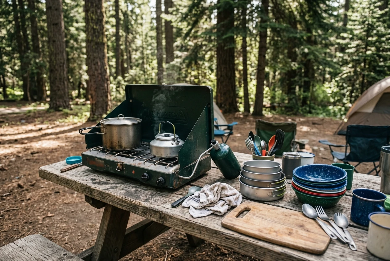 A portable propane stove with a pot and kettle on top, surrounded by nesting cookware, utensils, and stacked bowls on a picnic table at a campsite.