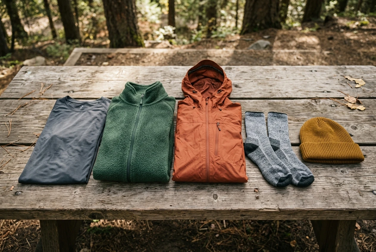 Layers of camping clothing laid out on a picnic table: a moisture-wicking base shirt, a fleece jacket, a packable rain shell, wool socks, and a knit hat, arranged side by side.