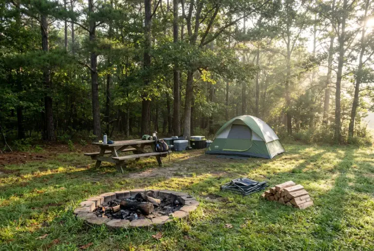 A well-chosen campsite with a fire ring, picnic table, and shaded tent spot near a tree line, morning light filtering through leaves onto the grass.
