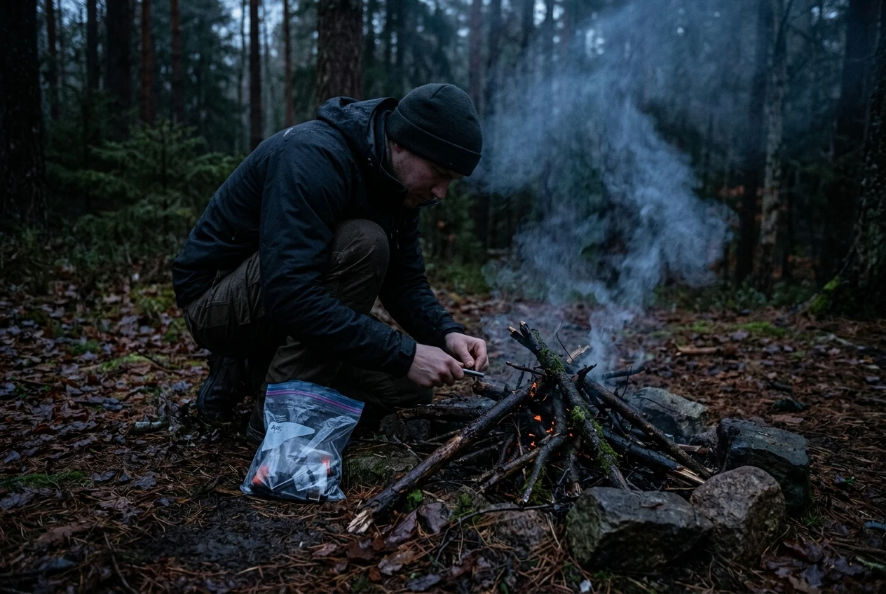 A small campfire struggling against damp wood, with a person crouched beside it using a fire starter from a zip bag, gray smoke curling upward in dim evening light.