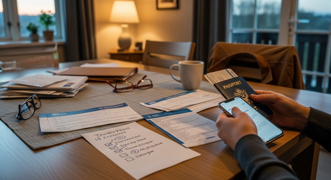 Traveler reviewing passport and booking confirmations at a dining table before a trip.