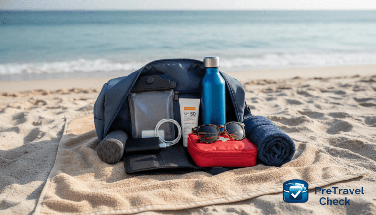 Organized beach bag with essential gadgets and supplies laid out before a beach day, showing what to pack to avoid common beach trip problems.