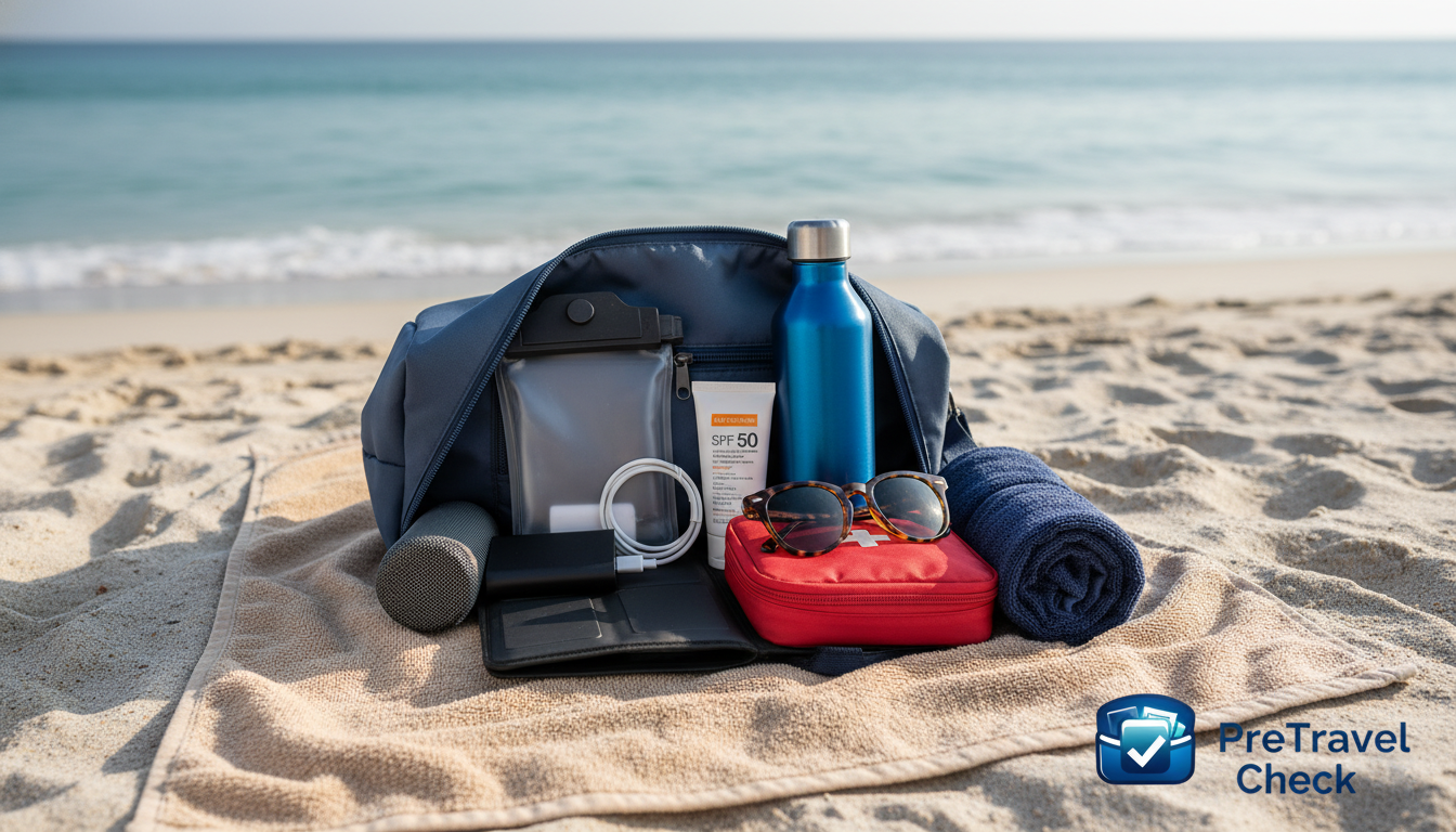 Organized beach bag with essential gadgets and supplies laid out before a beach day, showing what to pack to avoid common beach trip problems.