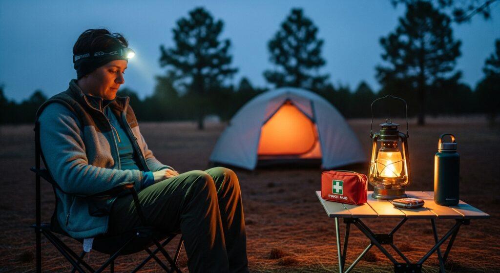 beginner camper with safety and comfort items from a camping checklist for beginners