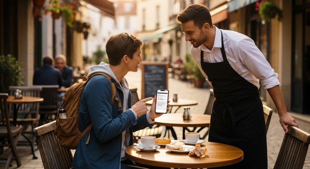 Traveler ordering food using basic phrases for travelers at a café