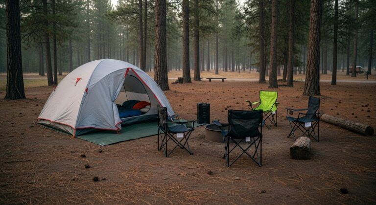 beginner campsite setup with tent and basic gear from a camping checklist for beginners