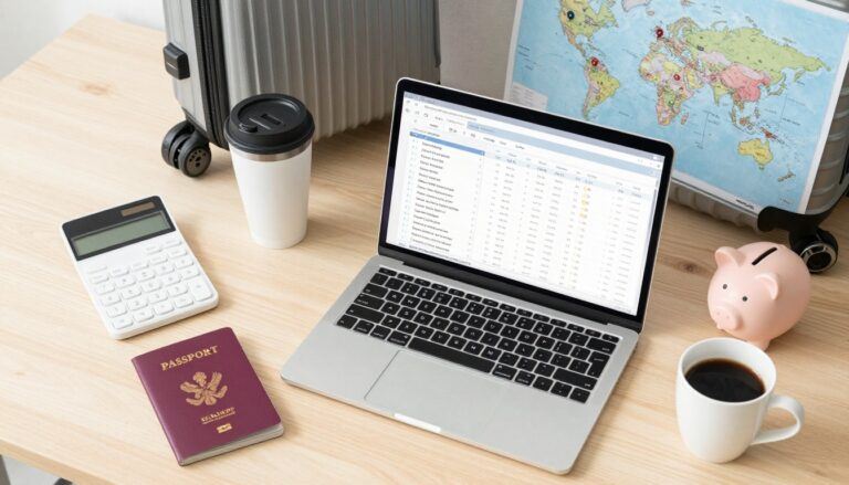 budget travel preplanning at home using a notebook, calculator, and laptop