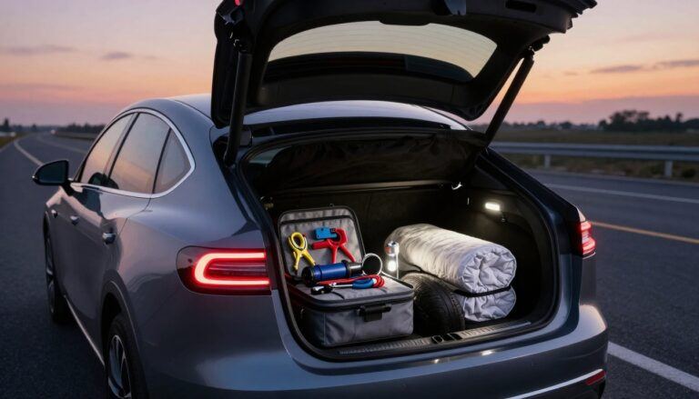 Organized car emergency kit neatly arranged in the trunk, including jumper cables, warning triangle, first aid box, tools, flashlight, and roadside safety supplies.