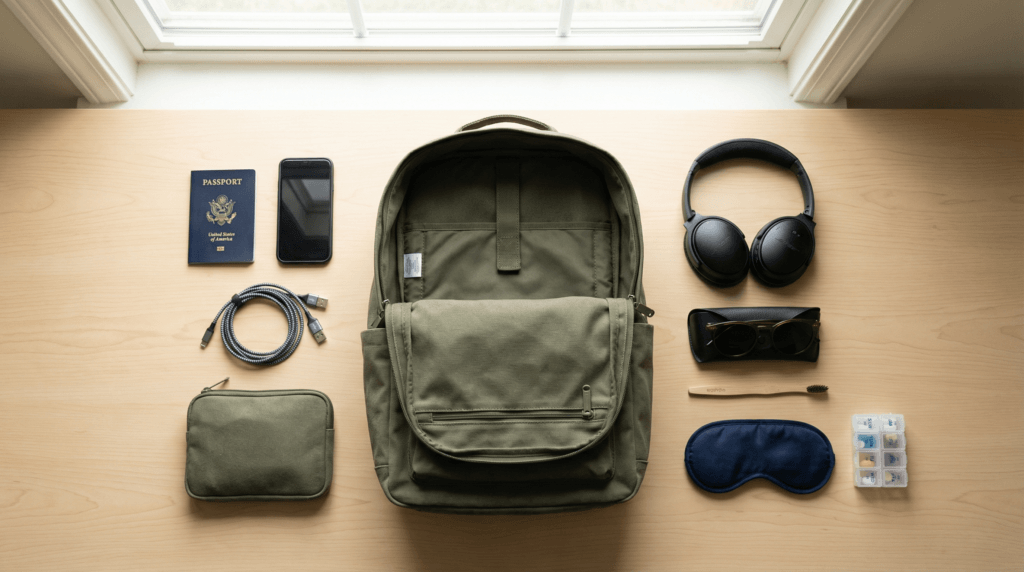 Carry-on essentials organized for travel packing tips and flight delays.