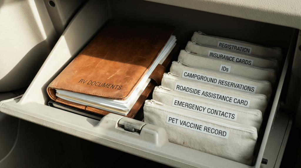 RV trip checklist documents stored in an RV glove box with registration, insurance, IDs, and reservations organized in labeled pouches.