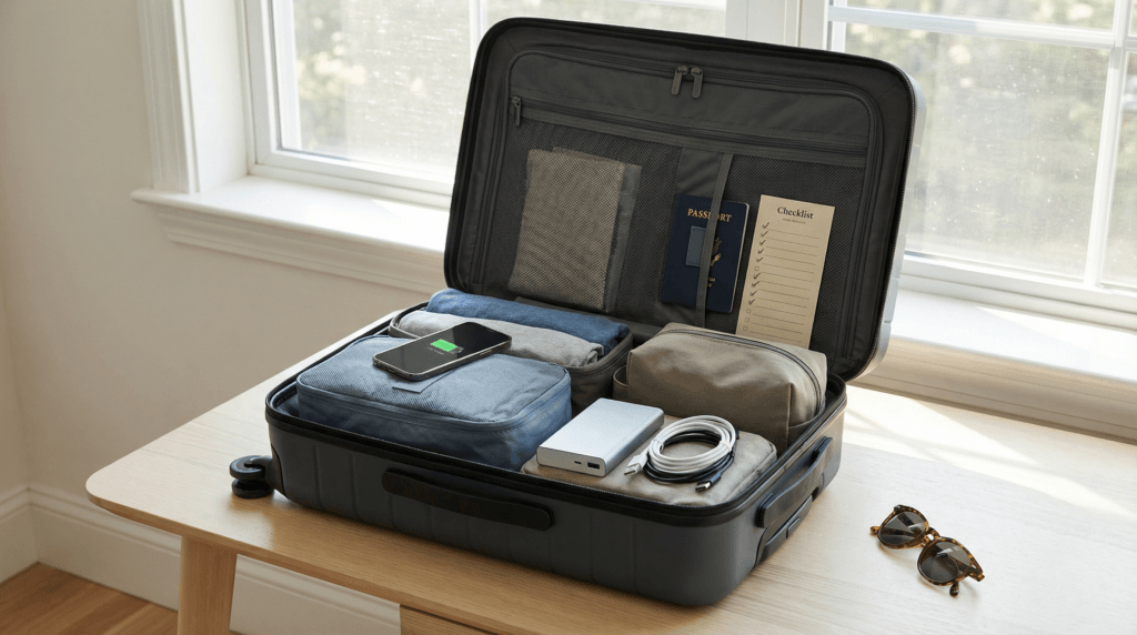 Packed carry-on suitcase with organized travel essentials and checklist, showing calm preparation before leaving for a trip.