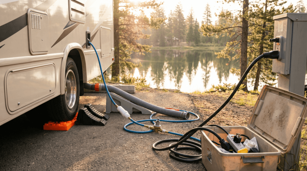 RV trip checklist campsite setup showing leveling blocks, chocks, water hose with regulator, sewer hose, and shore power cord ready at a lakeside site.