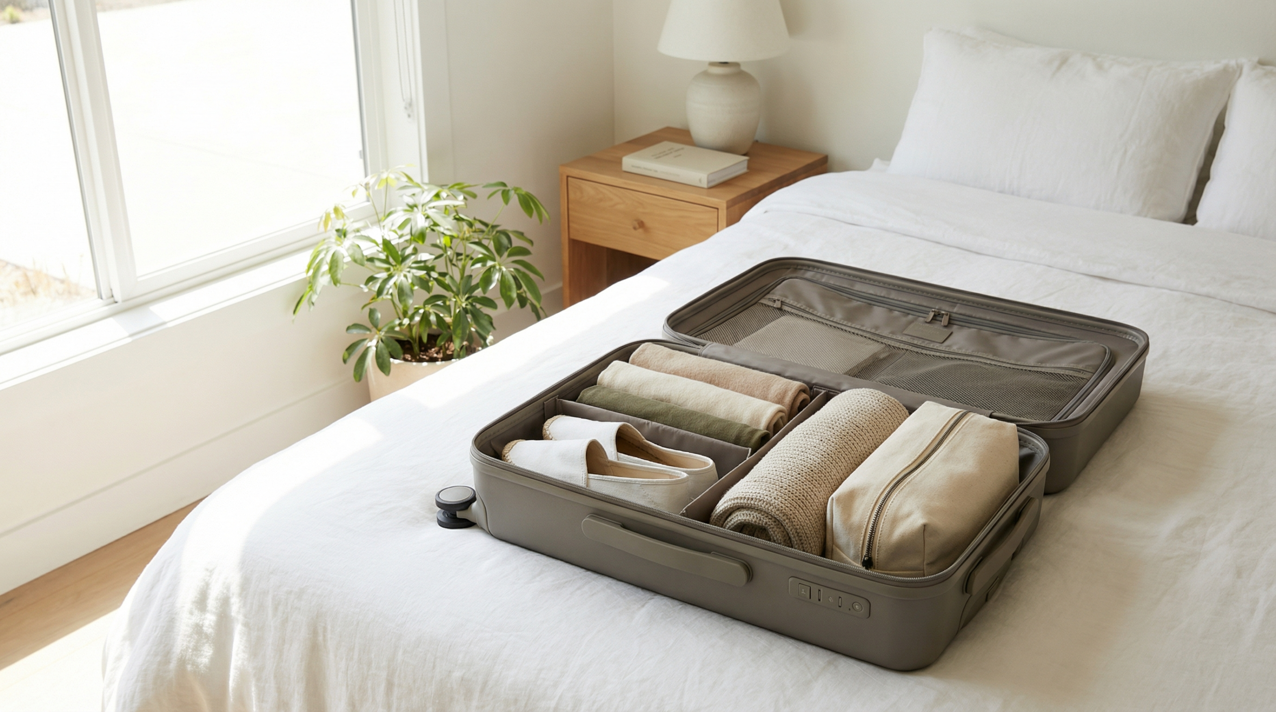 Travel packing tips shown through a neatly organized carry-on suitcase ready for a trip.
