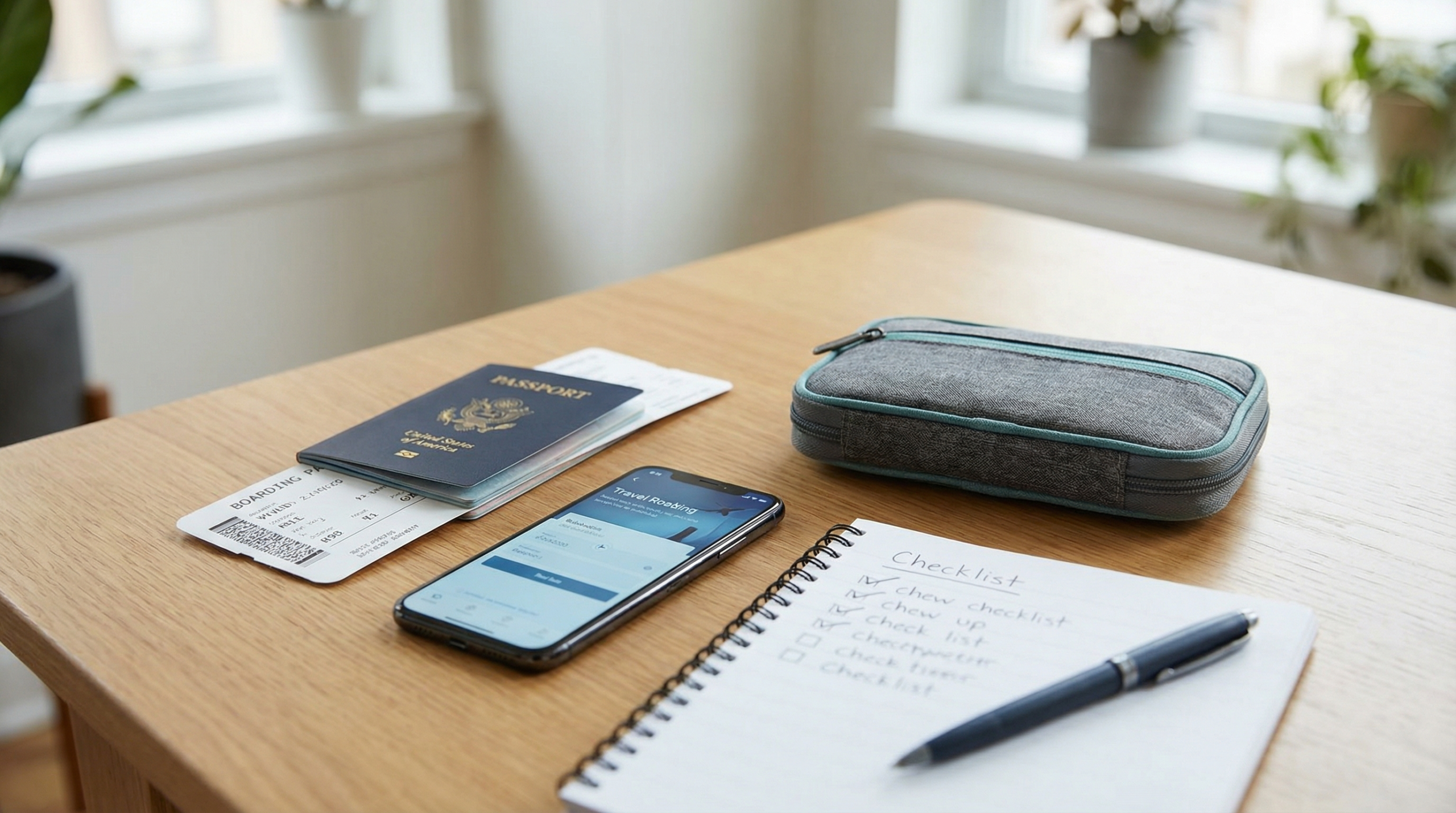 Passport and travel documents laid out on a desk before departure.