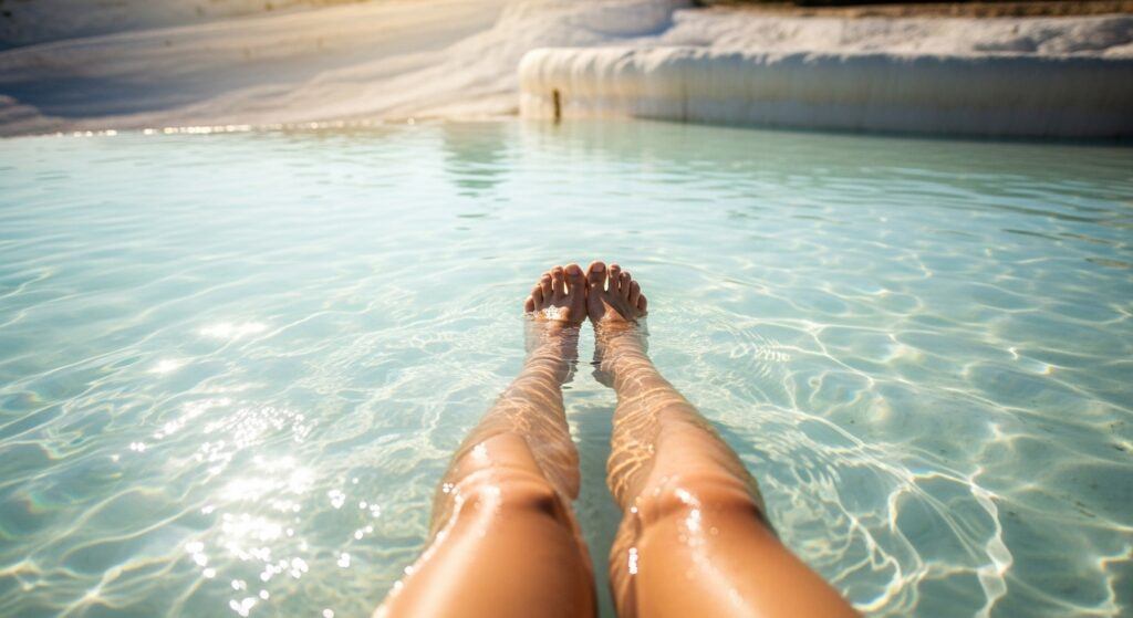 Close view of soaking during a Pamukkale thermal pools experience with mineral-rich water