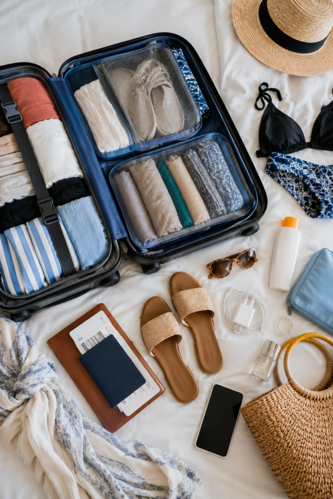 Cruise packing list essentials organized neatly before a vacation