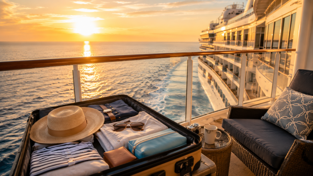 Cruise ship and packed luggage ready for a relaxing vacation at sea