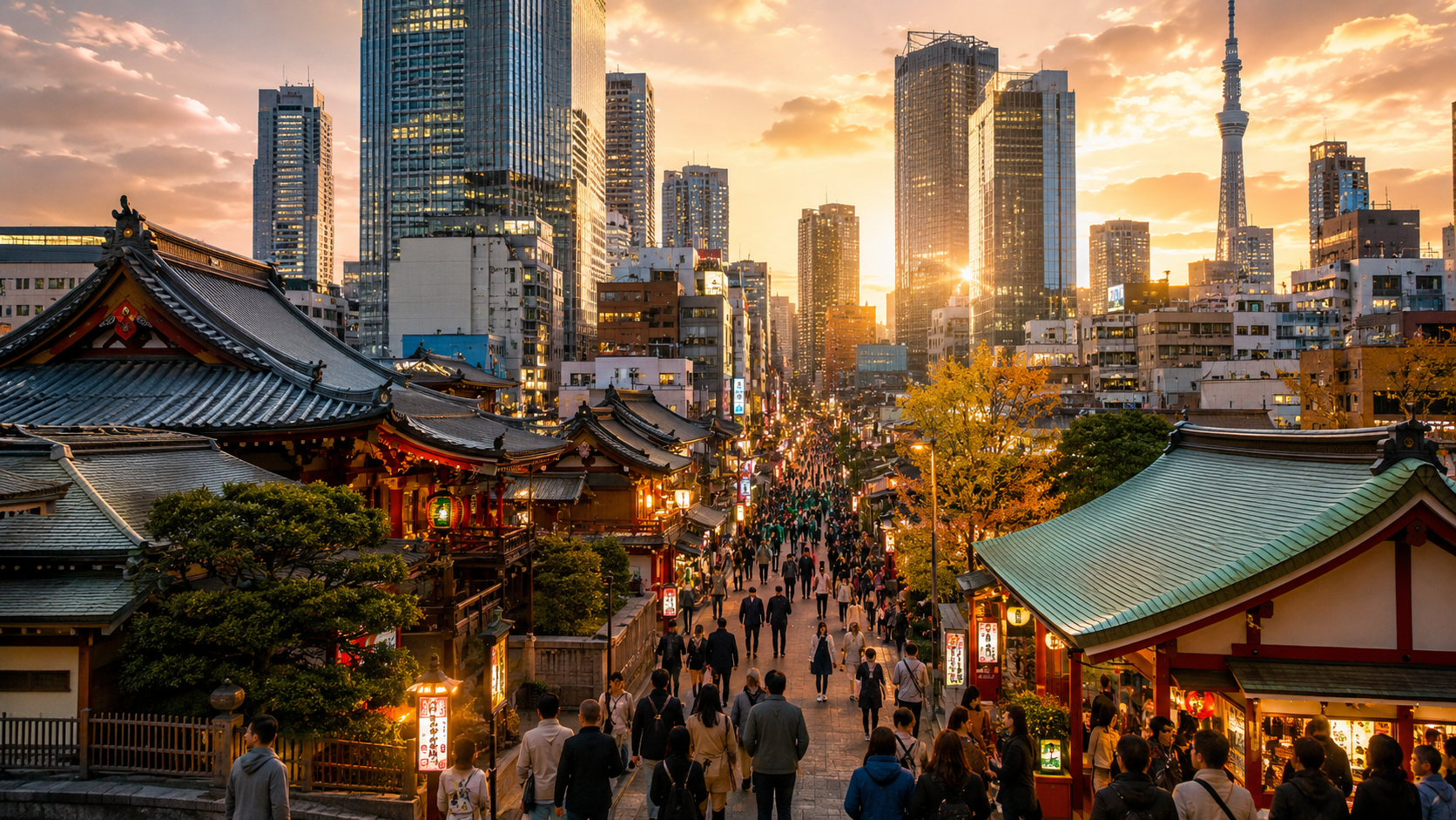 Traditional temple rooftops and modern skyscrapers during a Complete 7-Day Itinerary For Exploring Tokyo at sunset.