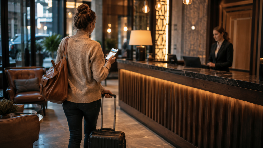 Traveler checking into a hotel after booking a last-minute room for the same night