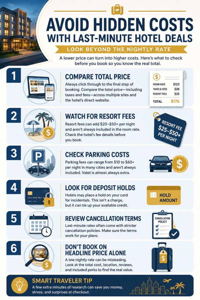 Infographic showing hidden fees to check before booking a last-minute hotel deal
