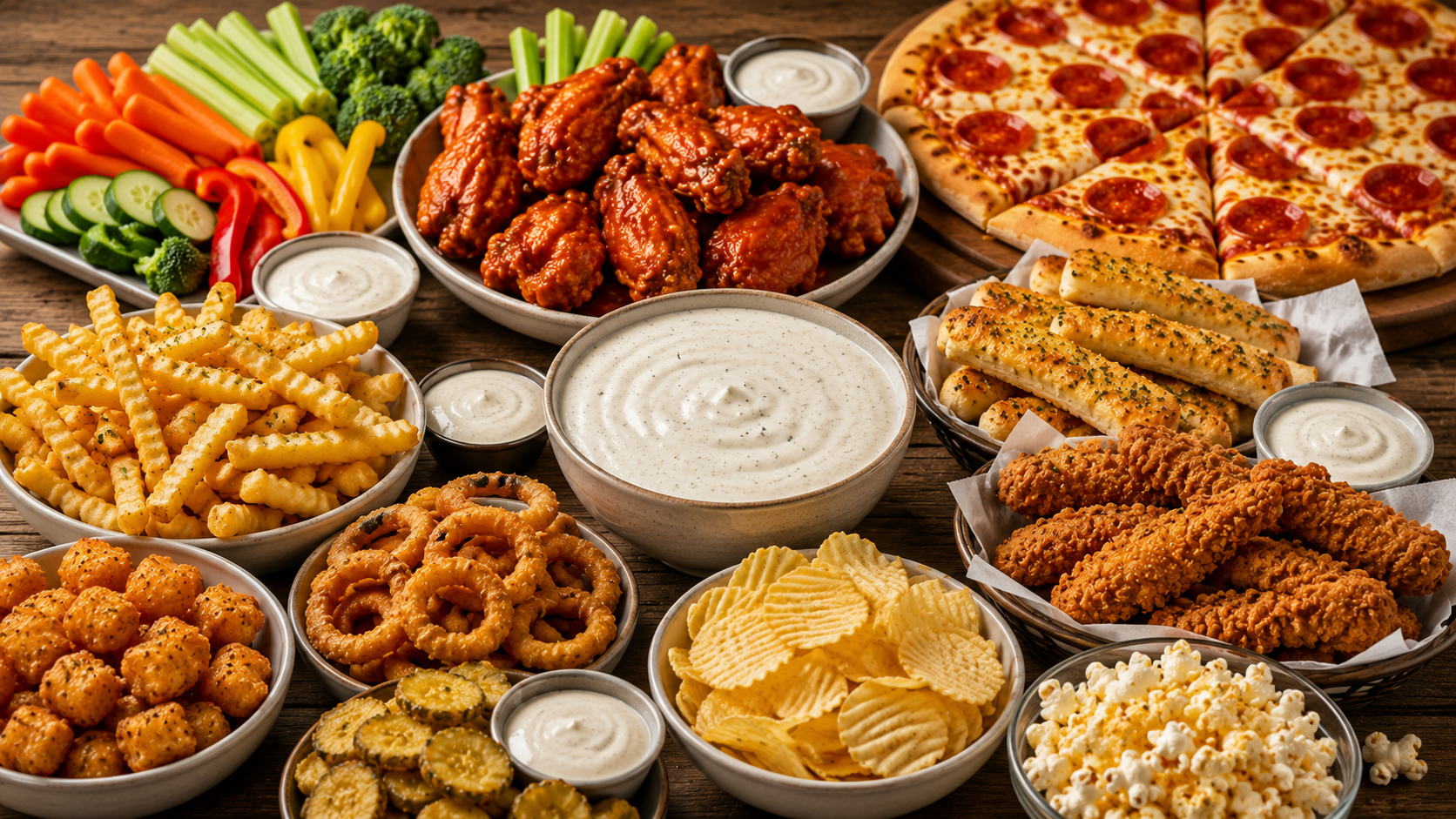 A table filled with popular American foods served with ranch dressing including buffalo wings, pizza, French fries, fresh vegetables, and chicken tenders.