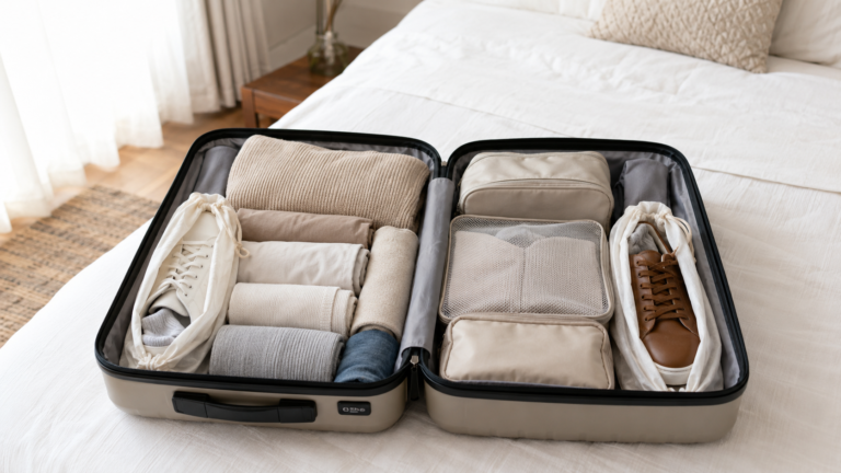 Open suitcase on a bed with folded clothes, packing cubes, and shoes protected in individual cloth bags.