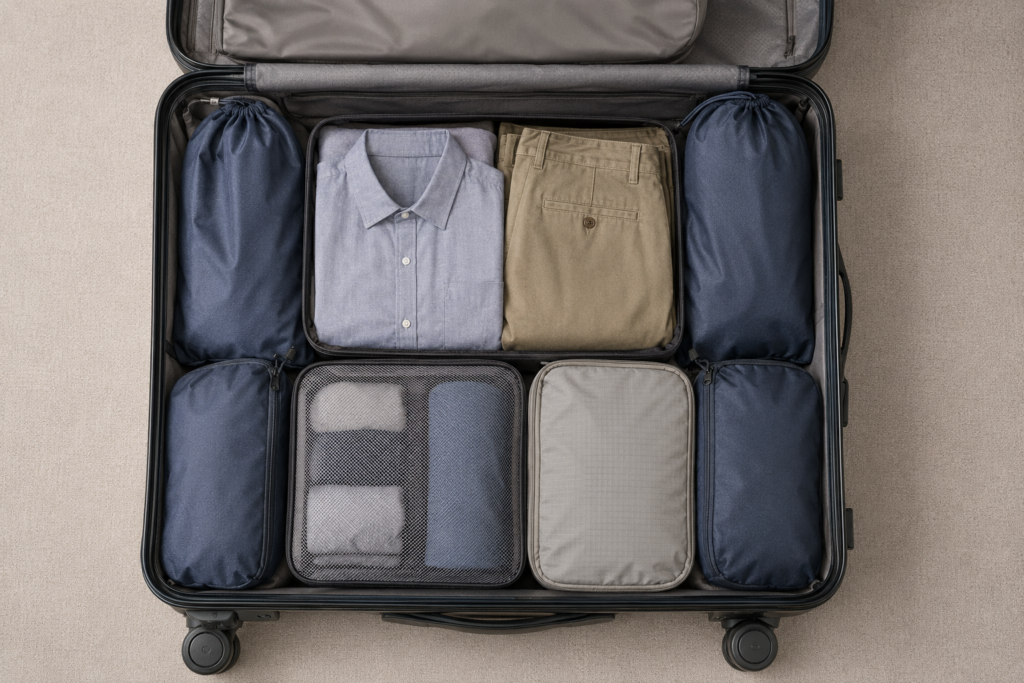 Overhead view of a rolling suitcase with covered shoes near the wheels, folded clothing in the center, and packing cubes filling the gaps.