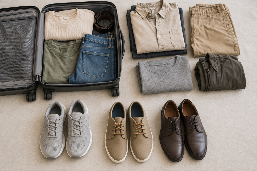 Rolled socks placed inside clean shoes to save suitcase space and hold their shape.