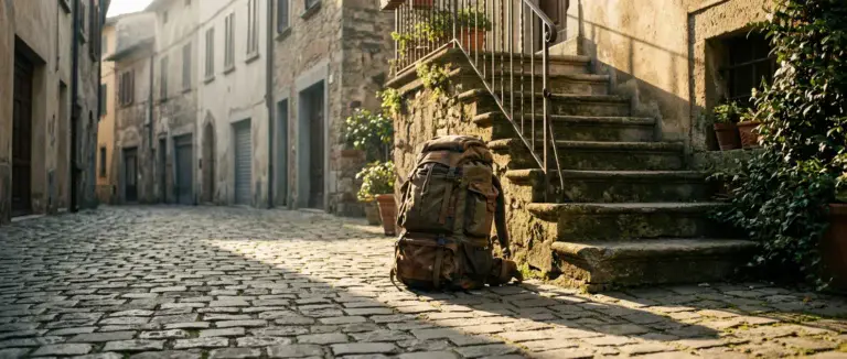 A single well-worn backpack sitting alone on a cobblestone street beside a set of stone steps, no other luggage in sight, morning light casting a long shadow to emphasize the solo traveler carries just this one bag.