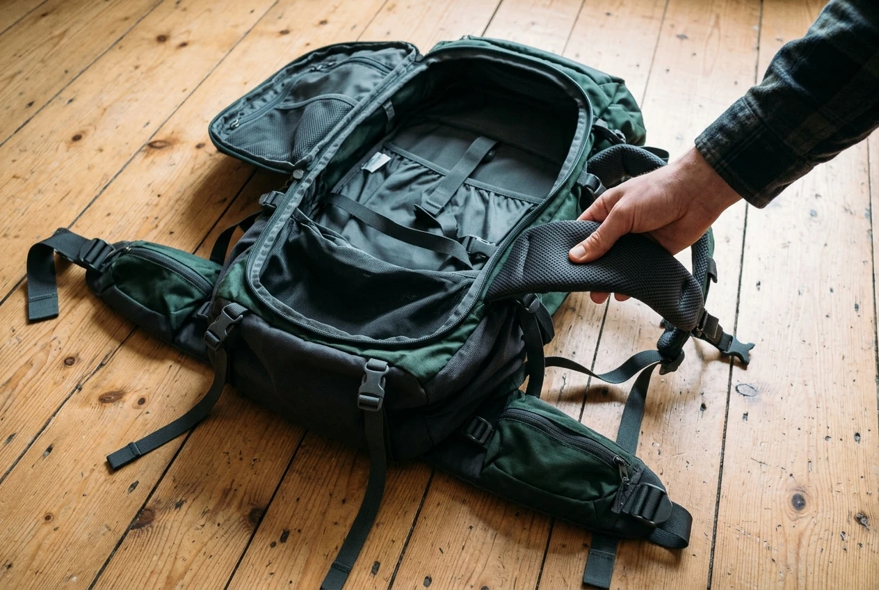 Close-up of a 40-liter front-loading backpack unzipped flat open on a wooden floor, showing its hip belt and compression straps, with a hand testing the padded shoulder strap.