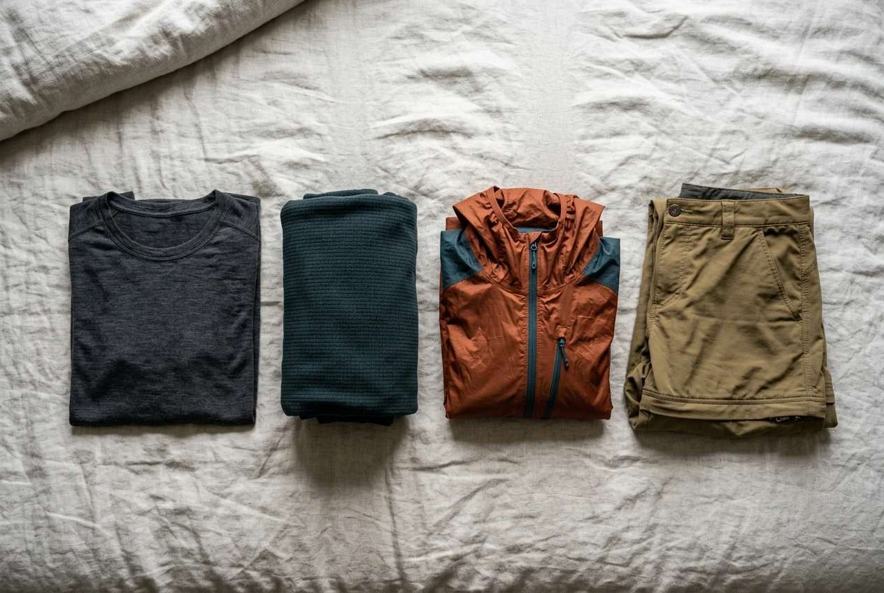 A neat flat-lay on a bed of layering clothing items: a merino base layer shirt, a compressed fleece, a packable rain shell, and convertible zip-off pants, arranged in a tidy row ready for rolling into a pack.