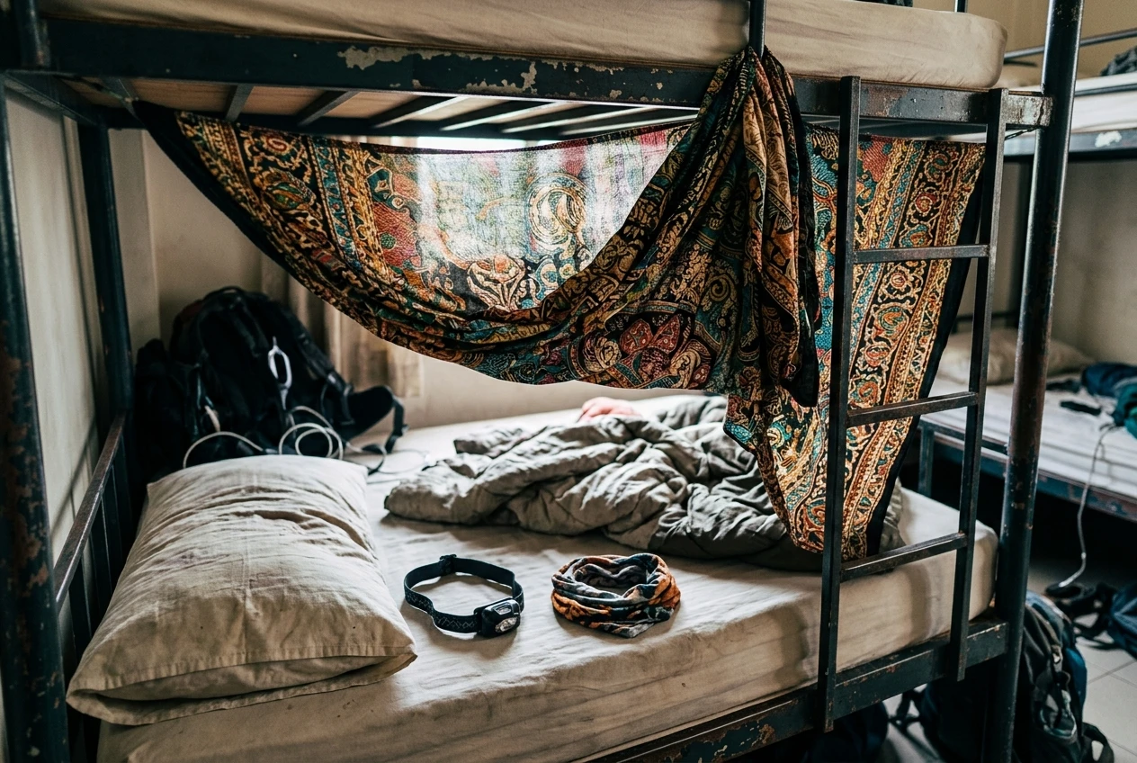 A patterned sarong draped over a hostel bunk bed being used simultaneously as a curtain and a towel, with a headlamp and a buff laid beside it on the pillow.