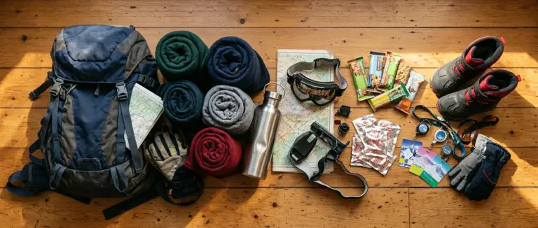 A split overhead flat-lay: on one side a thirty-liter backpack with rolled merino layers and a water bottle, on the other side ski passes, hand warmers, and a pile of snack bars beside