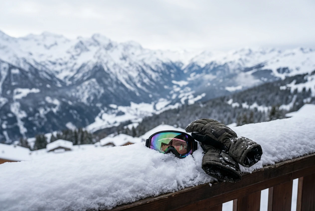 A pair of ski goggles and thick gloves resting on a snowy balcony railing with alpine peaks in the background, soft overcast daylight, snow texture visible in the foreground.