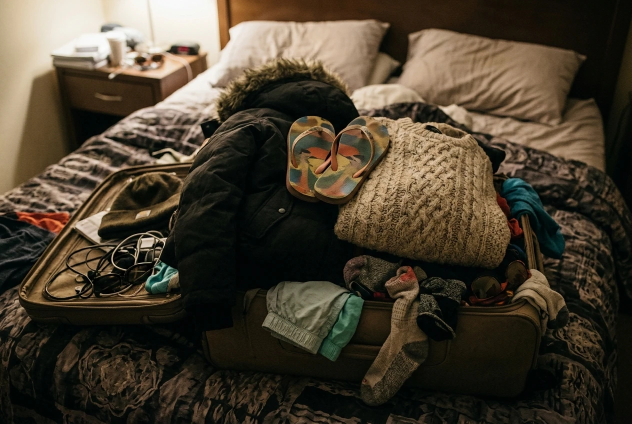 A single open suitcase on a bed containing a mismatched jumble of winter coat, flip-flops, and a thick sweater crammed together, dim room light, conveying the confusion of packing from a one-size-fits-all list.
