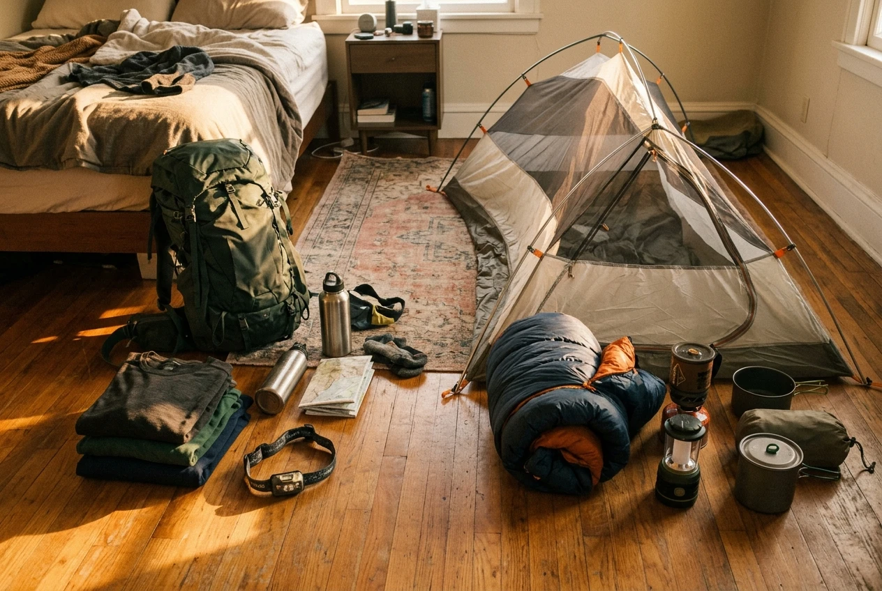 Two side-by-side packed setups on a bedroom floor: a compact solo backpack with folded merino shirts and a headlamp on the left, and a half-set-up tent with a camp stove, sleeping bag, and lantern on the right, both lit by late afternoon window light.