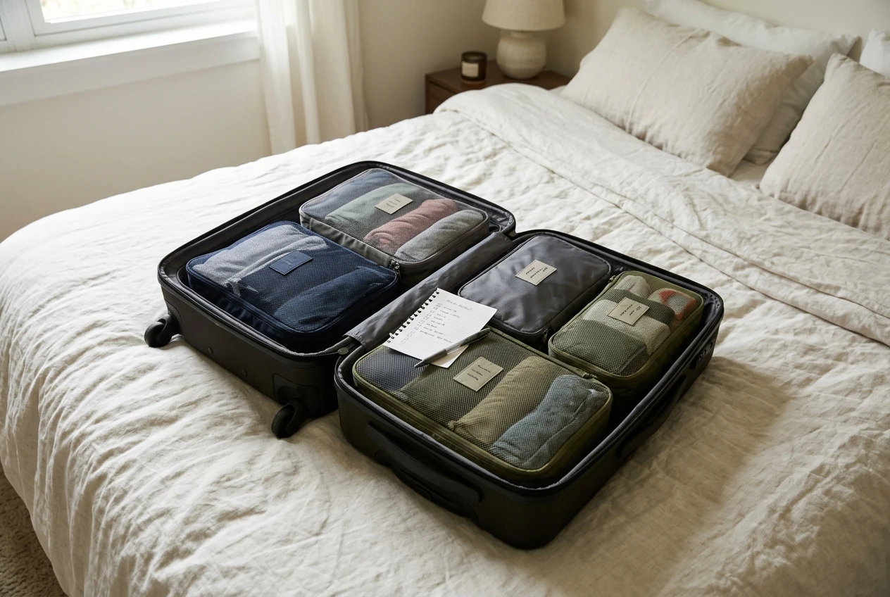 A neatly organized open suitcase on a bed, clothes folded into labeled packing cubes arranged by category, a handwritten checklist resting on top, soft natural light from a nearby window.