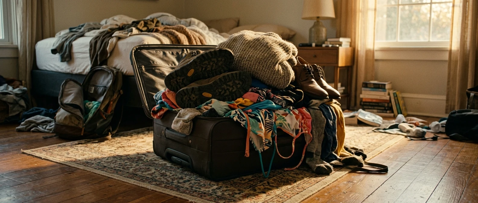 An overstuffed suitcase splayed open on a bedroom floor, zipper straining, with hiking boots, a thick sweater, and formal shoes crammed on top of beachwear, lit by late afternoon light through a window, clothes spilling over the edges.