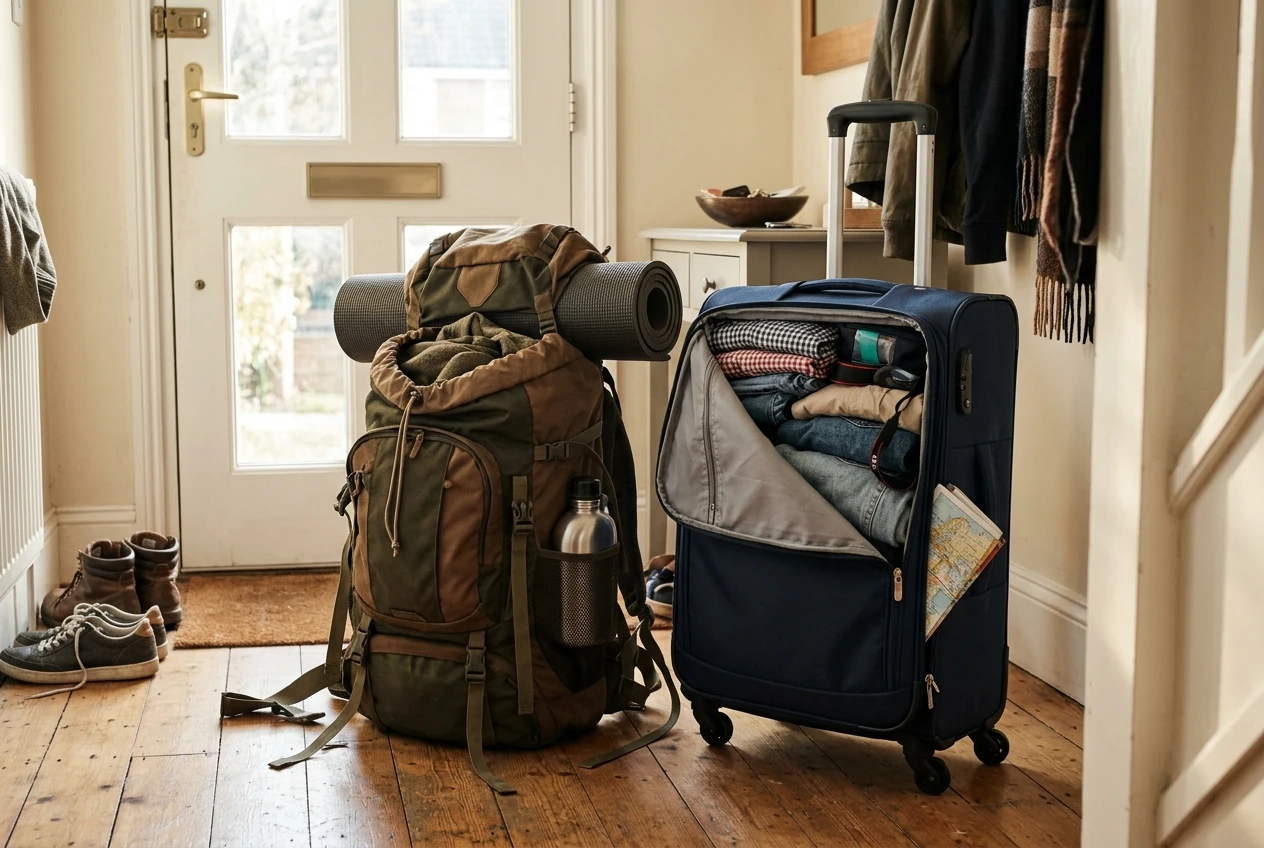 A traveler's backpack and a rolling suitcase standing side by side near a front door, one half-packed with camping gear and the other with city-trip clothing, morning light spilling across the hallway floor.