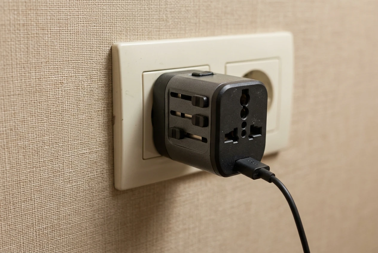 Close-up of a universal travel adapter plugged into a wall outlet with several different prong shapes visible, a phone charger cable connected, set against a hotel room wall.