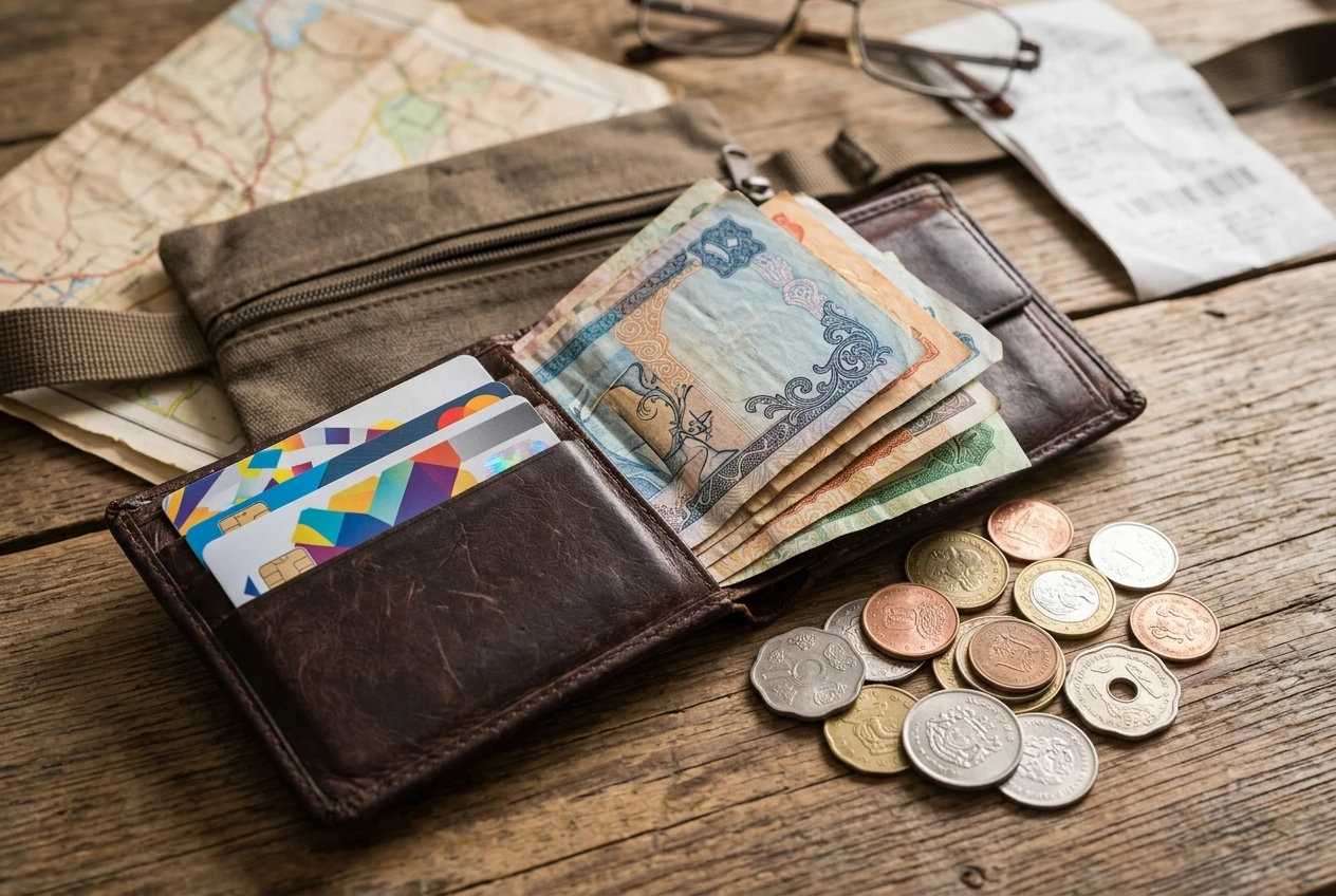 An open wallet on a table showing two different bank cards and a small fold of mixed foreign banknotes and coins from different countries, next to a hidden money pouch.