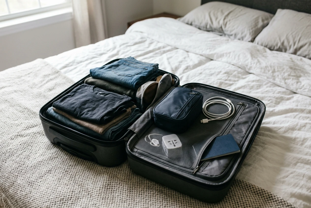 An open carry-on bag on a bed showing neatly packed items: a folded change of clothes, a small toiletry kit, chargers coiled with an adapter, and a passport tucked in a front pocket.