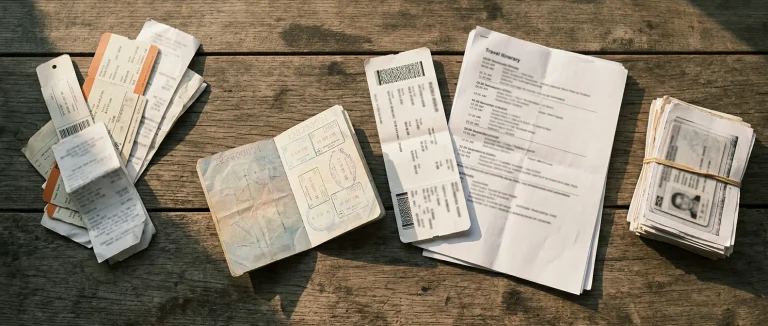 A photorealistic editorial flat-lay of international travel documents arranged naturally on a weathered wooden table. An open passport with realistic visa stamps and entry markings