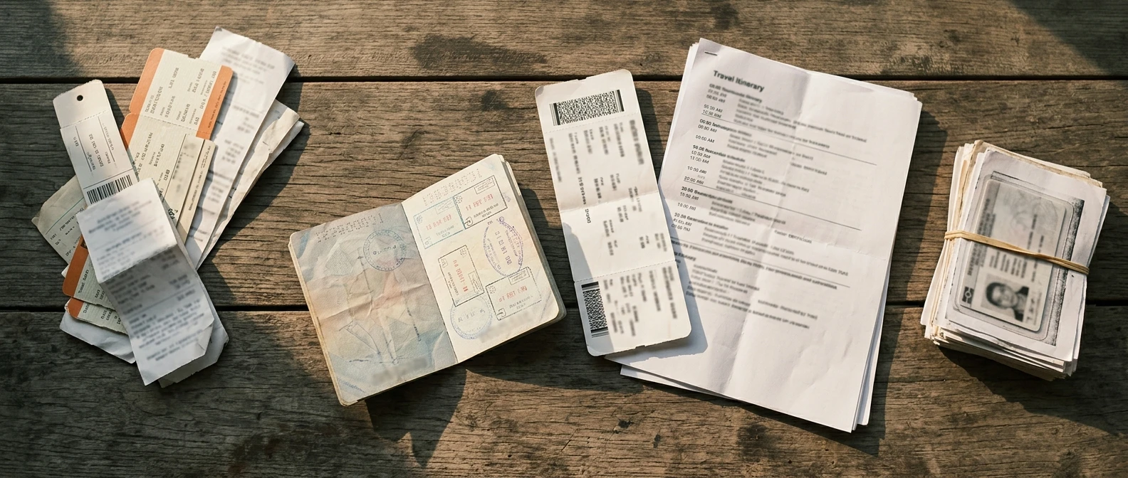 A photorealistic editorial flat-lay of international travel documents arranged naturally on a weathered wooden table. An open passport with realistic visa stamps and entry markings sits beside a printed airline boarding pass, a multi-page travel itinerary, and a small stack of photocopied identifica