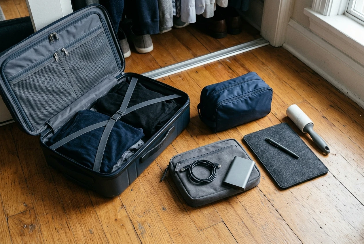 A carry-on suitcase open on a wooden closet floor with a pre-packed core kit laid out beside it: a zipped toiletry bag, a tech pouch with a coiled charger and small power bank, a slim document sleeve with a pen, and a lint roller, all in neutral navy and grey tones under soft daylight.
