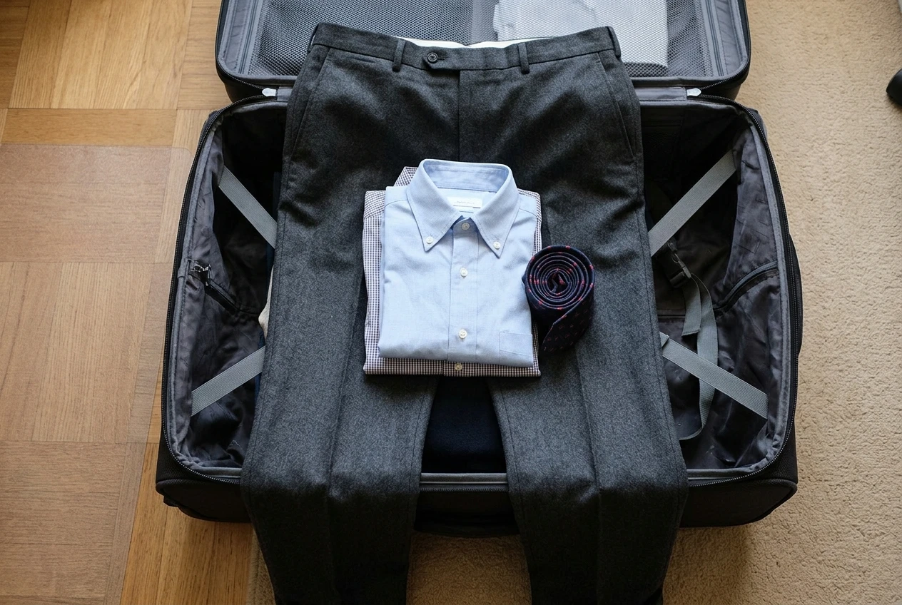 An open carry-on bag viewed from above with charcoal trousers laid lengthwise across it, the legs hanging over the edge while folded shirts and a rolled tie sit stacked in the middle, ready to be wrapped by the trouser legs.