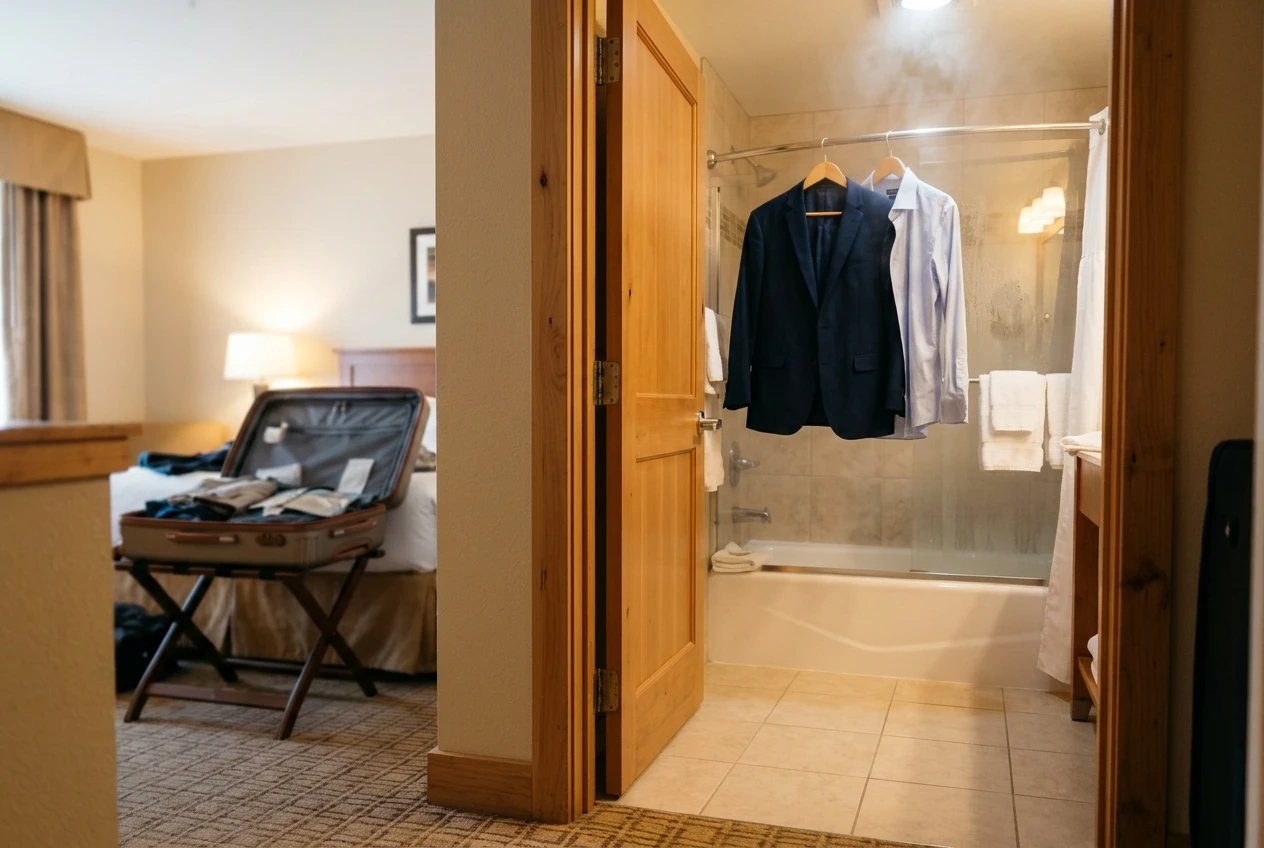 A hotel room bathroom doorway where a navy jacket on a wooden hanger and a pale blue dress shirt hang from the shower rod, with soft steam in the air and warm light, a suitcase open on a luggage rack in the background.
