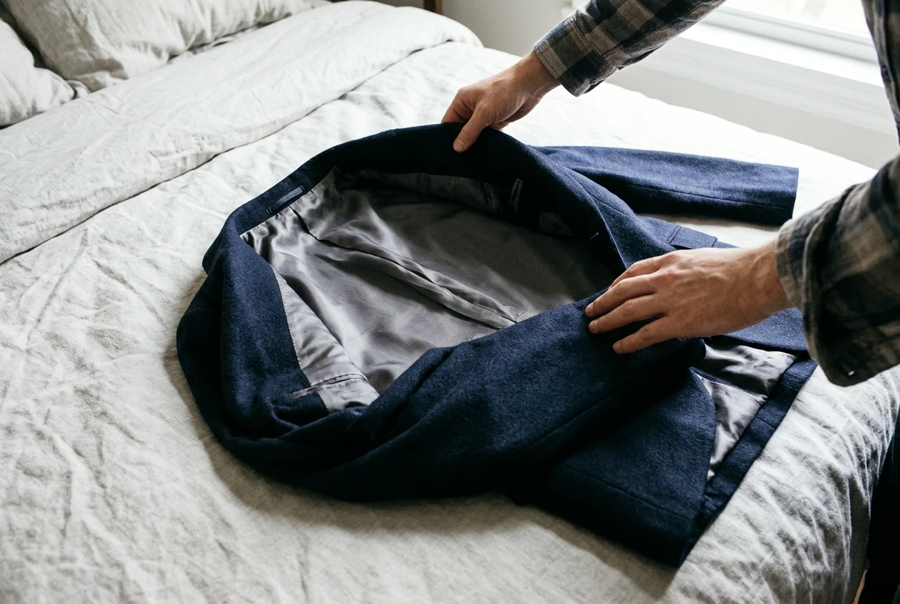 A navy wool suit jacket laid flat on a bed, turned partly inside out with one shoulder tucked into the other so the grey lining faces outward, hands mid-fold, bright natural window light.