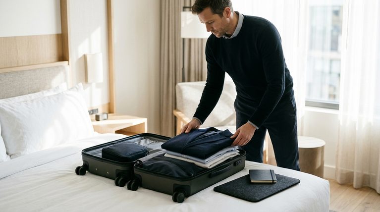 Business traveler’s carry-on packed with a folded navy suit, dress shirts, shoes, and a tech pouch